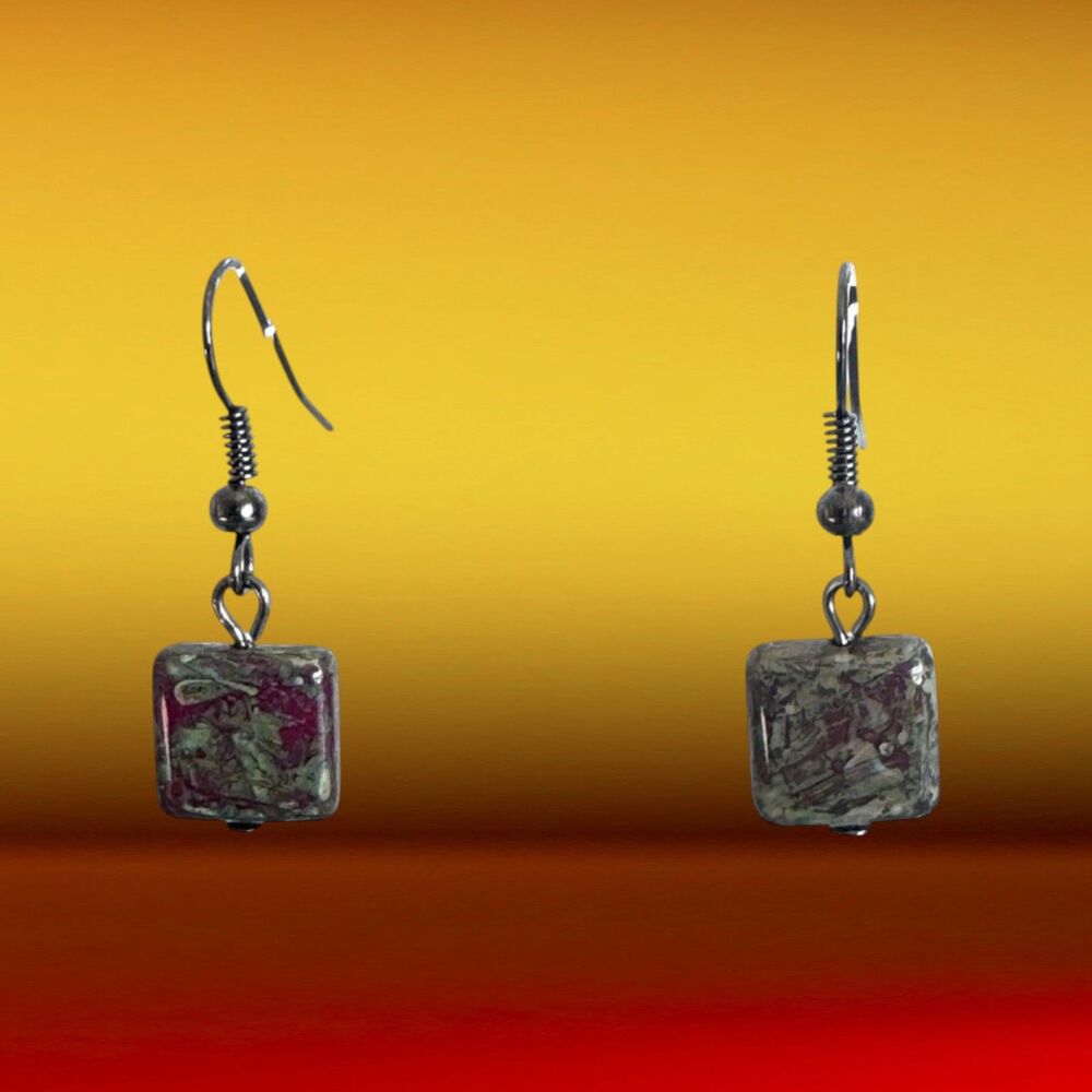 Red and Green Picasso Glass Earrings with Black Hooks #391